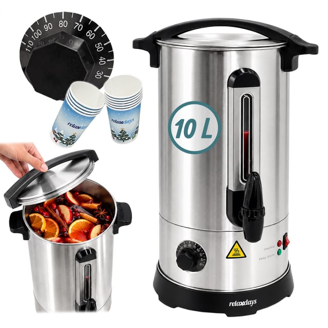 Relaxdays Glühweinkocher, 10 L, 30–110 °c, Zapfhahn, Thermostat, Füllstandsanzeige, Edelstahl, Glühweinautomat, Silber