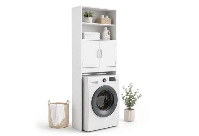 Relaxdays Waschmaschinenschrank, 4 Fächer, Regal Über Waschmaschine, Trockner, Toilette, Hxbxt: 185 X 63 X 20 Cm, Weiß
