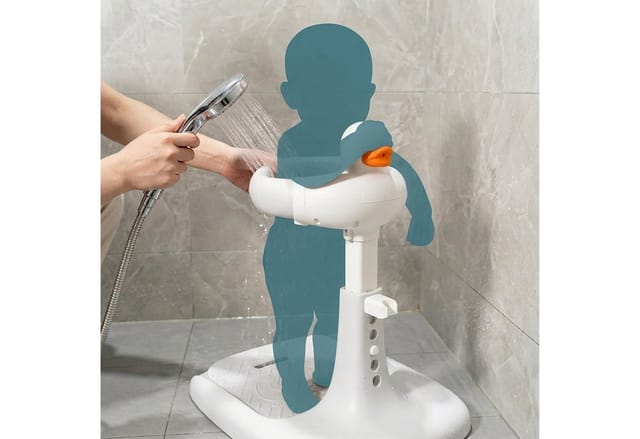 Relaxdays Baby-duschständer Höhenverstellbar, Hbt: 45-67x50x40cm, Duschhilfe Kinder, Stabil, Rutschfest, Abs, Grau-weiß
