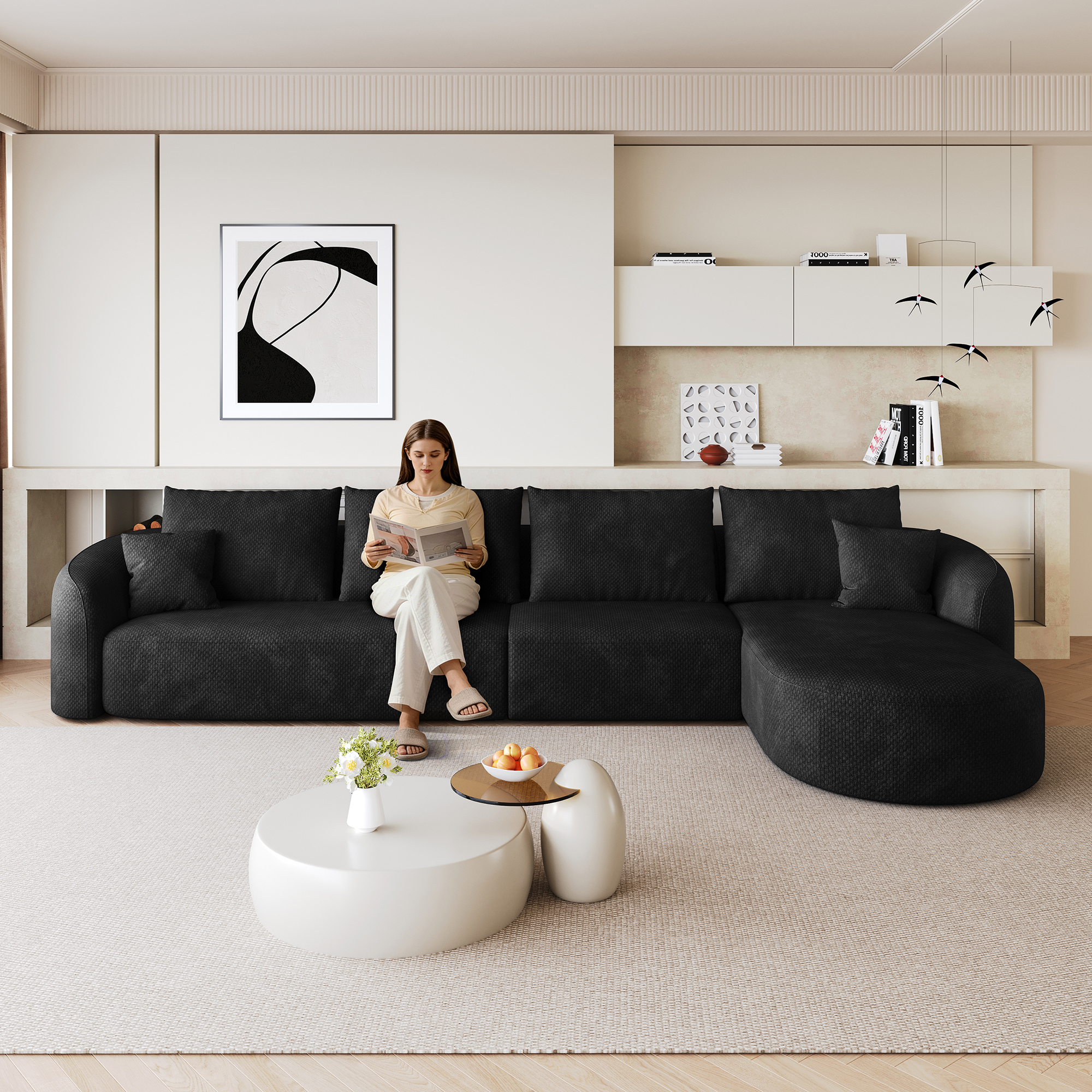 L-förmiges Ecksofa 336 Cm, Modulares Sofa Ohne Rahmen Aus Komprimiertem Schaumstoff, Einsatzbereit Ohne Montage, Für Wohnzimmer, Schlafzimmer Und Apartment, Schwarz