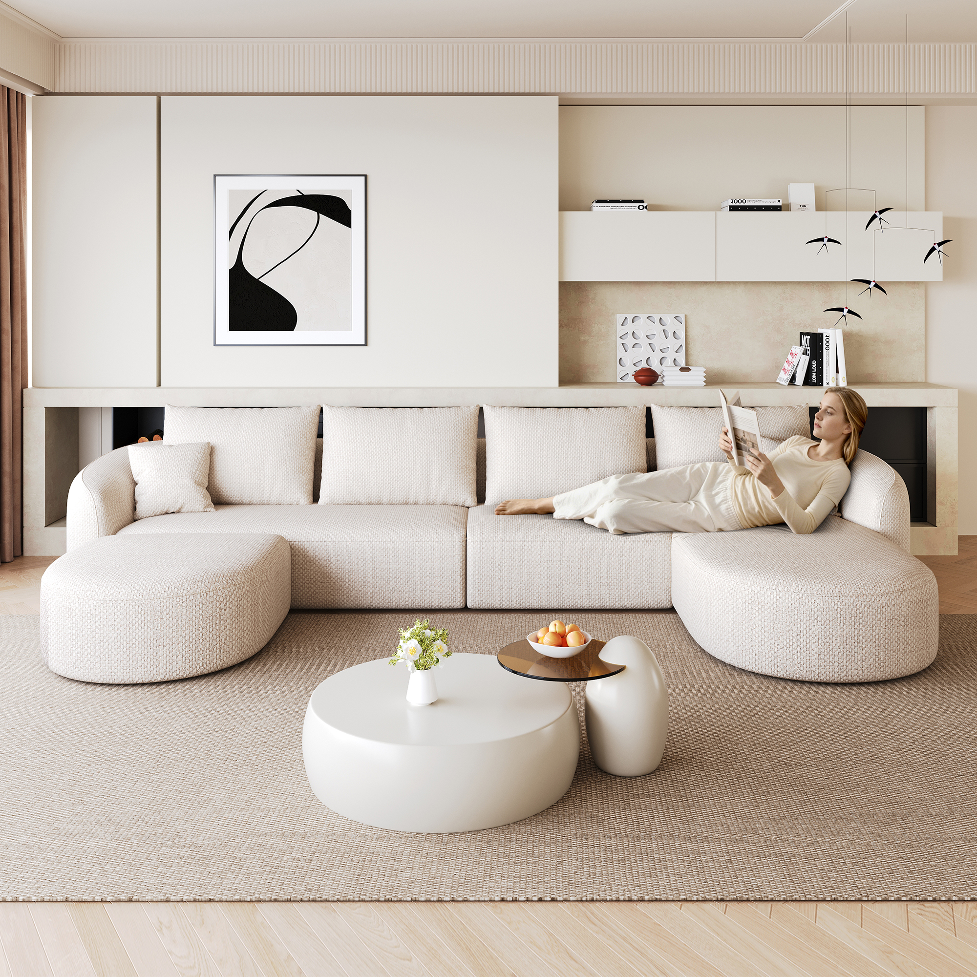 U-förmiges Ecksofa 336 Cm, Modulares Sofa Ohne Rahmen Aus Komprimiertem Schaumstoff, Einsatzbereit Ohne Montage, Für Wohnzimmer, Schlafzimmer Und Apartment, Weiß