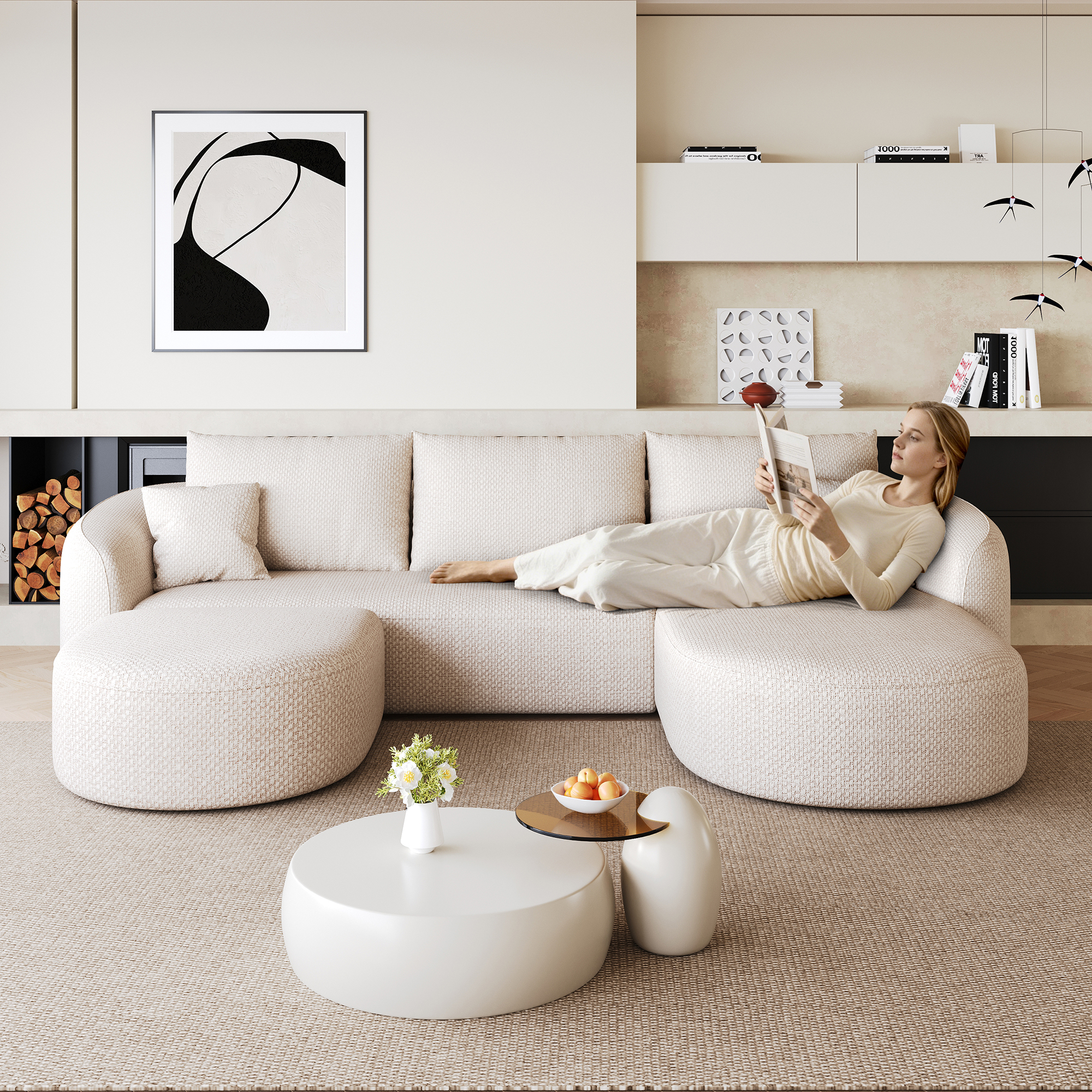 U-förmiges Ecksofa 266 Cm, Modulares Sofa Ohne Rahmen Aus Komprimiertem Schaumstoff, Einsatzbereit Ohne Montage, Für Wohnzimmer, Schlafzimmer Und Apartment, Weiß