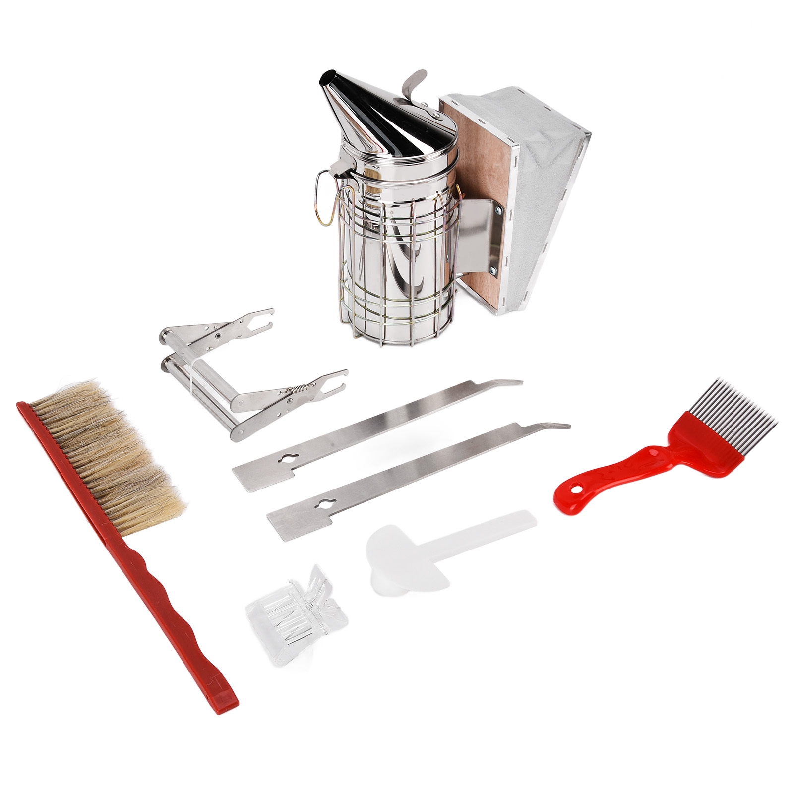 7-teiliges Imkerwerkzeug-set: Rahmenklammern Aus Edelstahl, Rotes Nadelmesser, Tränke Mit Ausguss, Bienenbürste Mit Zwei Borsten, Flachmesser, Smoker Aus Edelstahl, Königinnenklammer