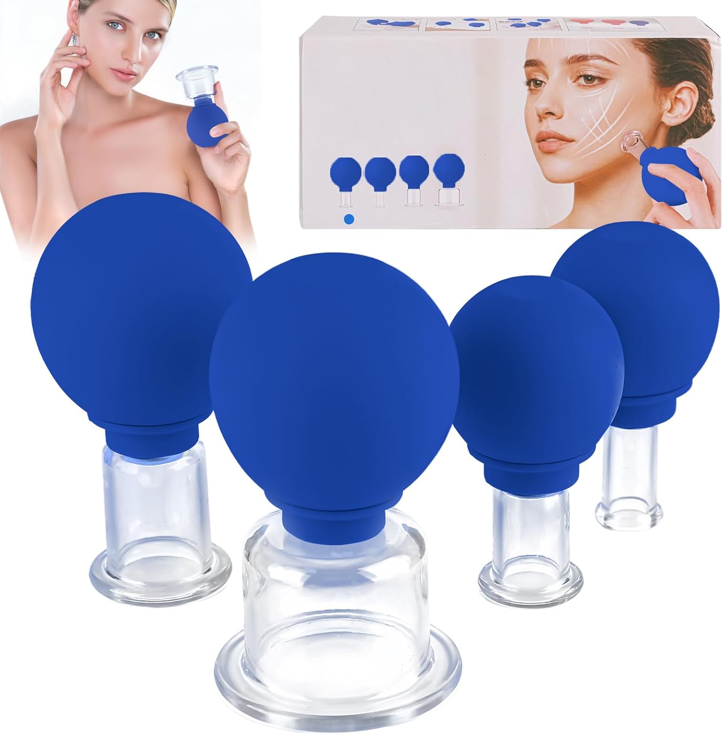 Set Mit 4 Silikon-saugnäpfen Mit Saugkugeln Für Gesicht, Massage, Entgiftung Gegen Verspannungen, Falten Und Cellulite, Für Alle Körperteile (blau)