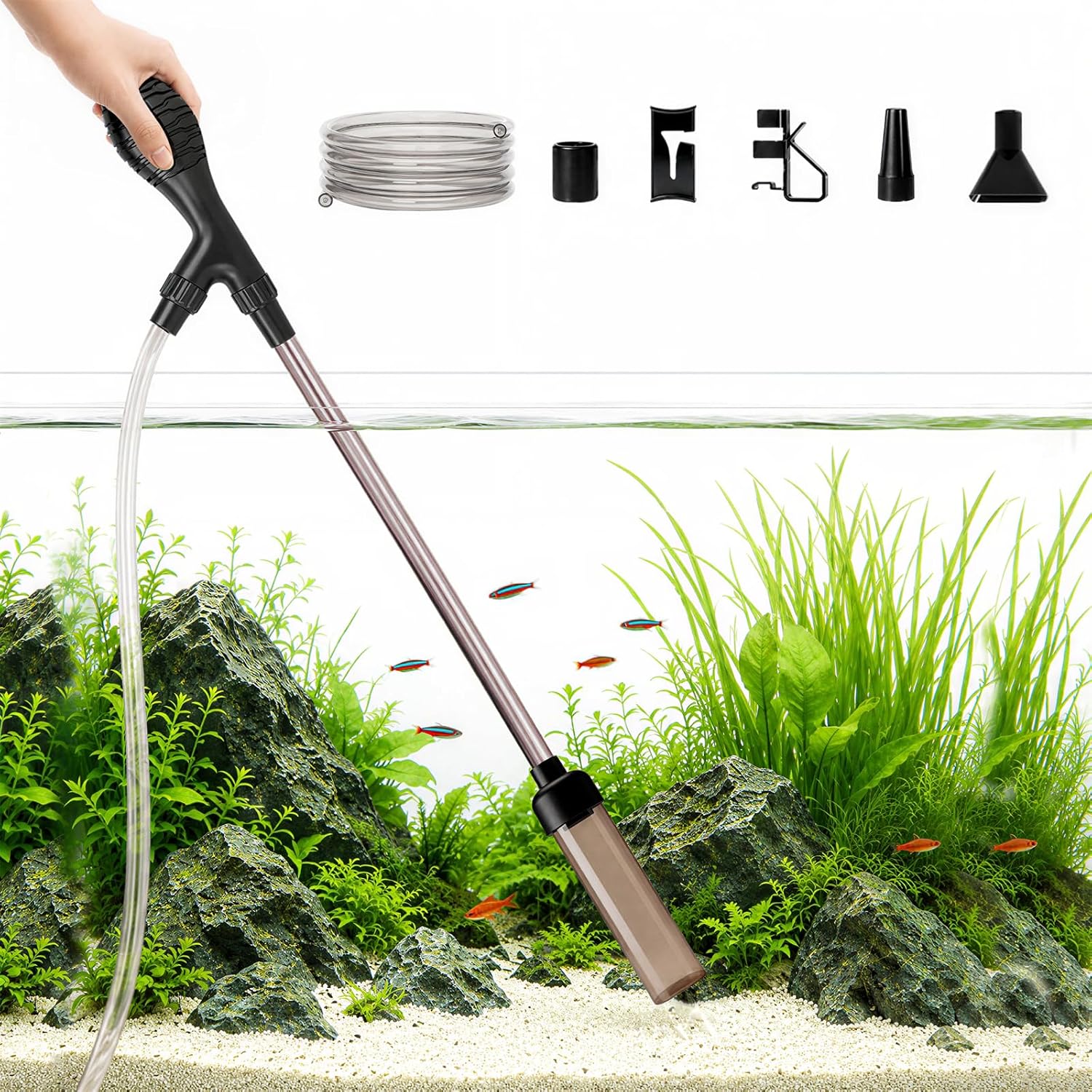 Aquariumsauger Mit 2 M Schlauch, Aquariumsauger Mit Verstellbarer Handpumpe Zur Einfachen Reinigung Von Kies, Bodengrund, Schlamm Und Sand