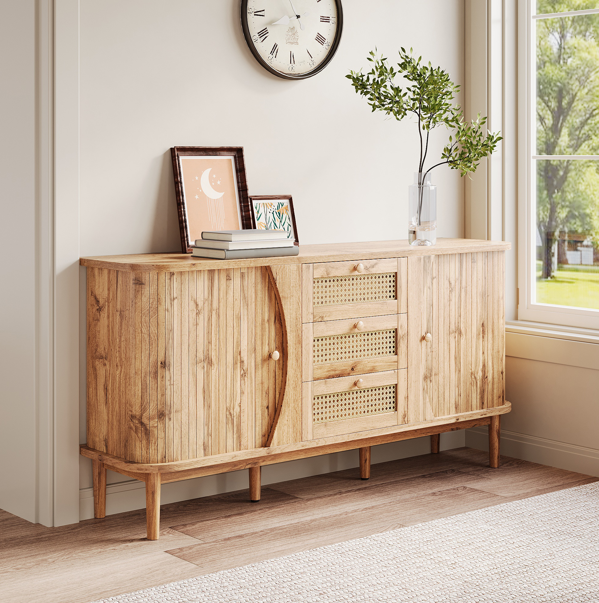 Sideboard 140,5x40x76 Cm Natur Spanplatte Mit Schiebetüren, Rattanschubladen, Verstellbaren Einlegeböden Und Abgerundeten Kanten