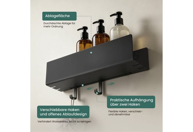 Mai & Mai Duschablage Ohne Bohren Mit 2 Schiebehaken, Duschablage Zum Hängen In Schwarz, Duschregal Badezimmer Ablage 40cm Reglo-18