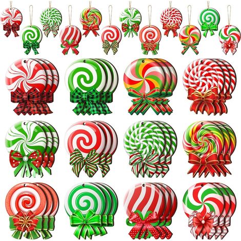 36-teiliges Set Weihnachtslollipop-anhänger Aus Holz, 12 Verschiedene Ausführungen, 8 Cm Große Anhänger In Form Von Zuckerbäumchen Mit Schnur Zum Dekorieren Von Kränzen, Fenstern, Kaminen, Türen, Weih