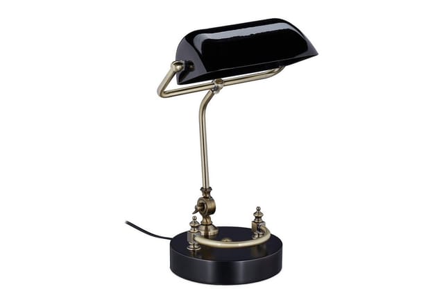 Bankerlampe, Glasschirm, Holzfuß, Neigbare Bibliothekslampe, E27-fassung, Schreibtischlampe Retro, Schwarz - Relaxdays