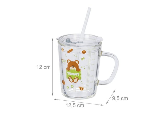 Kindergläser 2er Set, Bären-motiv, Trinkglas Kinder, Mit Henkel, Deckel & Strohhalm, 400 Ml Skala, Transparent - Relaxdays