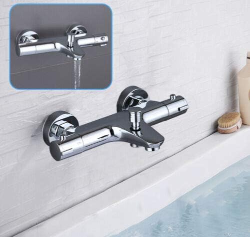 Thermostatische Badewannenarmatur 20-50 ℃, Edelstahl 2 Wasserauslässe Duscharmatur Mischbatterie Badezimmerarmatur Verchromt, Verbrühungssichere Duscharmatur Mit Sicherheitsknopf Bei 38 °c