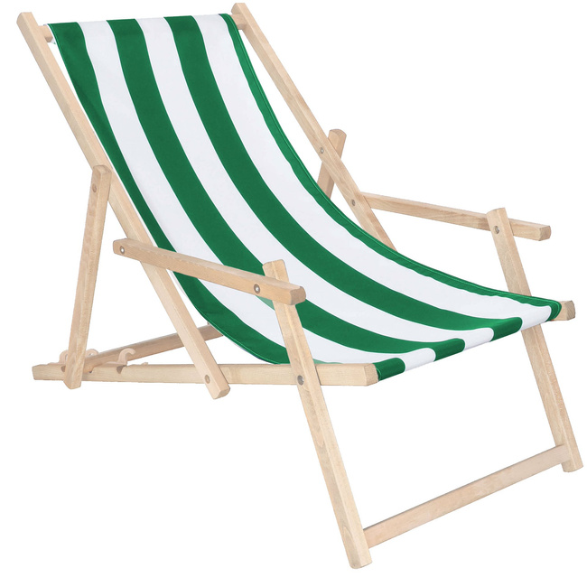 Holzliegestuhl Mit Armlehnen, Grün-weißen Streifen, Für Den Garten Oder Strand.