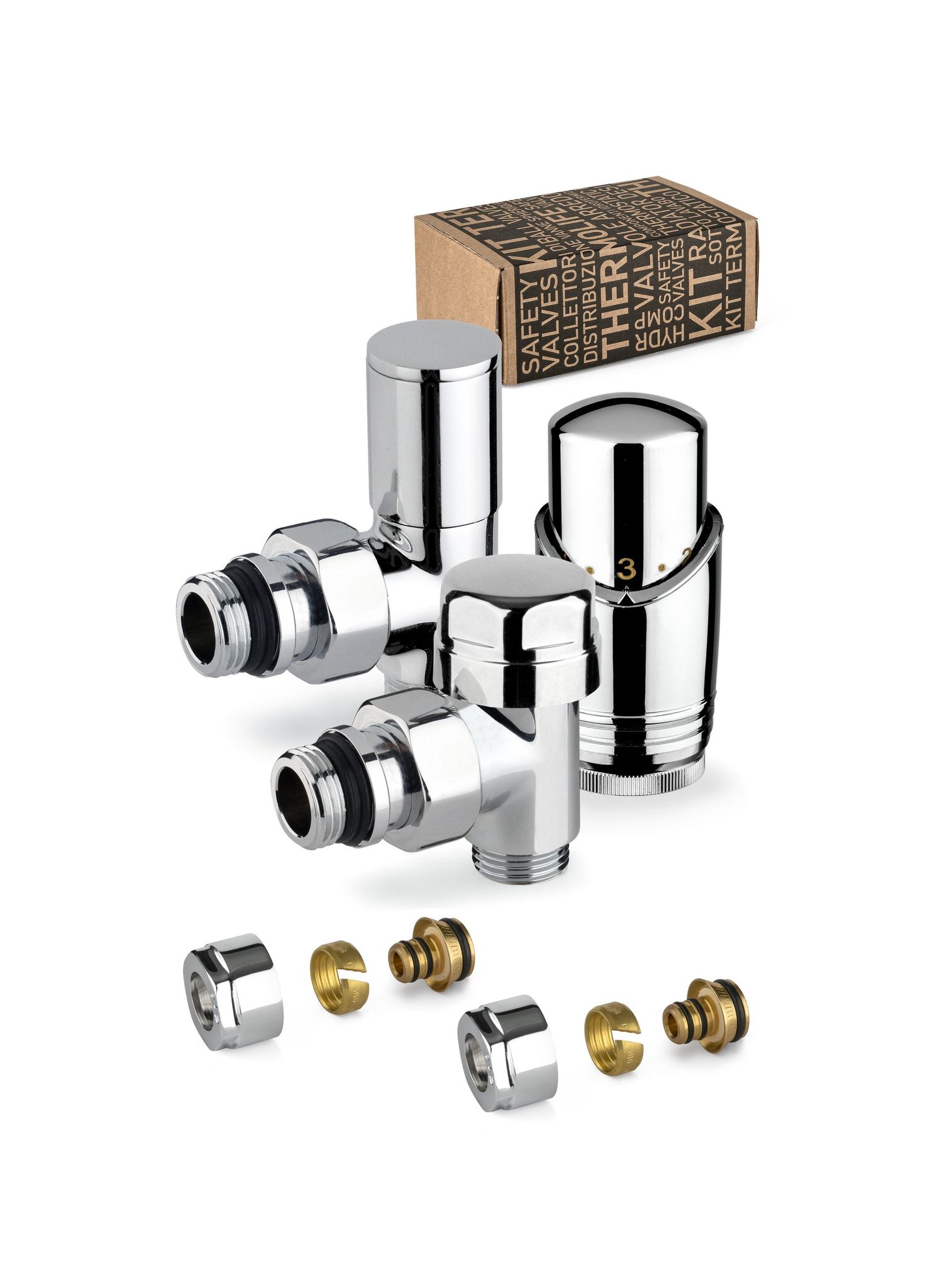 Apm - Chromfarbenes Thermostat-einrichtungsventil-set Mit Anschluss Für Mehrschichtrohr 100kc 015 M 16 12 Chrom