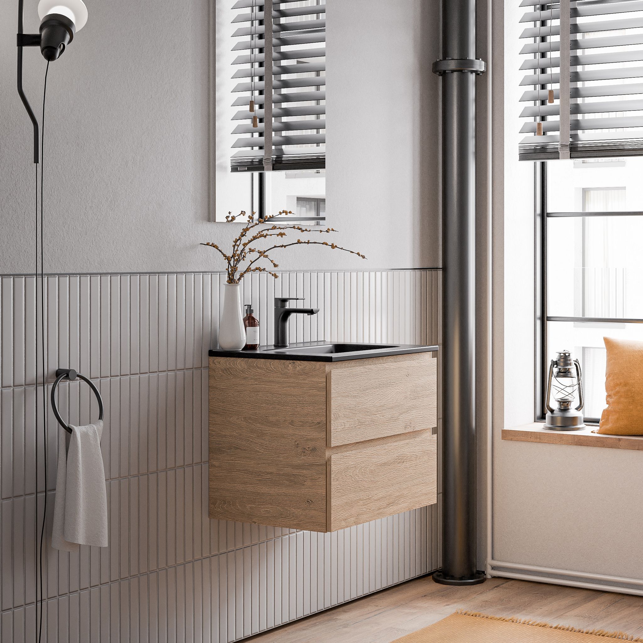 Unterschrank Bernstein Ava 60 Cm Mit Keramik Waschbecken - Badmöbelfarbe Eiche Honiggold, Waschbecken Schwarz Matt