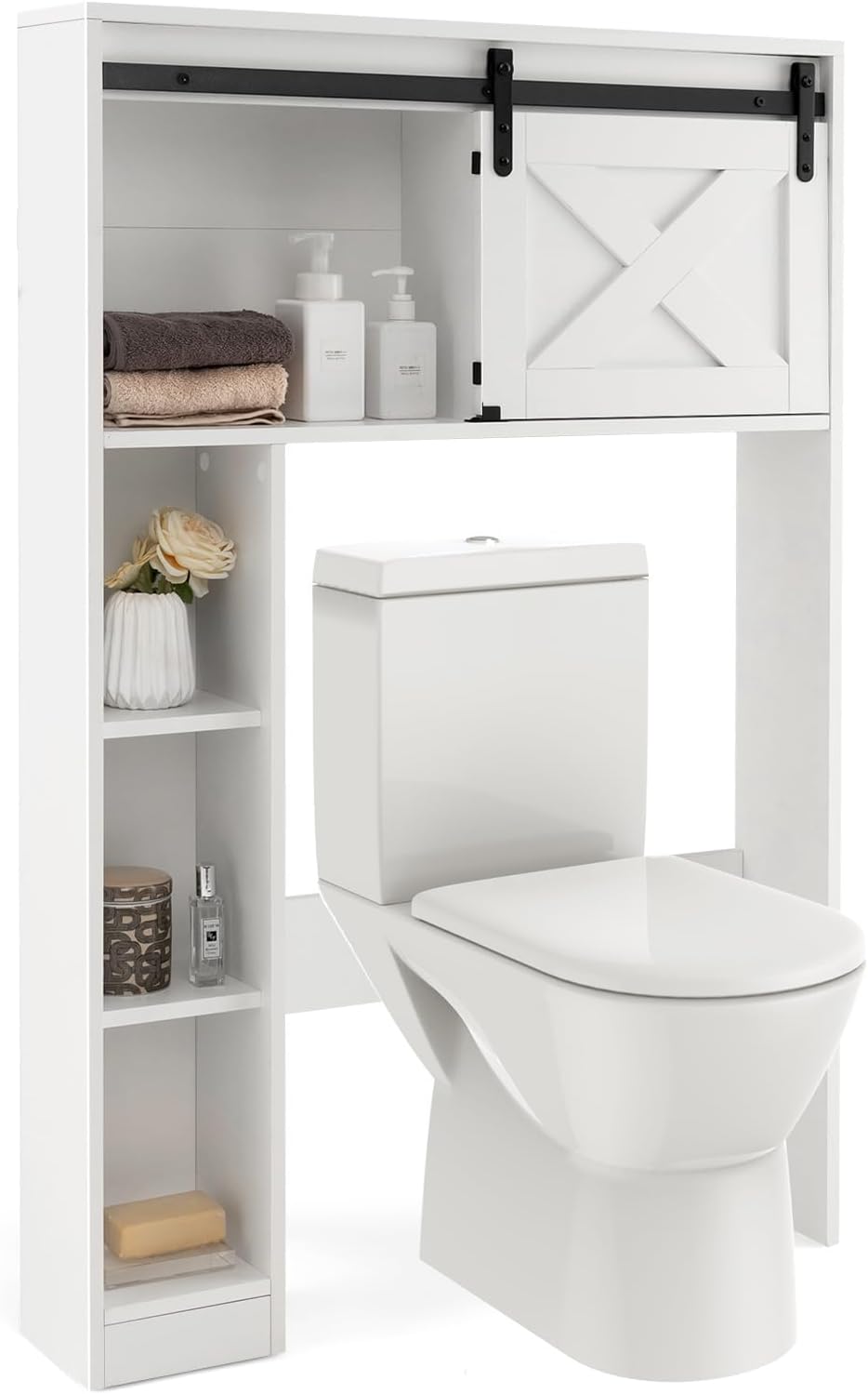 Costway - Toilettenschrank Mit Schiebetür, Toilettenregal Holz, Badezimmerregal Badezimmerorganisator Freistehend, Überbauschrank Waschmaschinenregal (weiß)