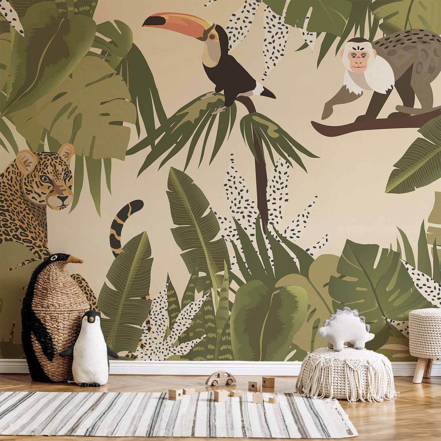 Tapete Artgeist Muster Blätter Tiere Gedämpfte Farben 250x175 Cm