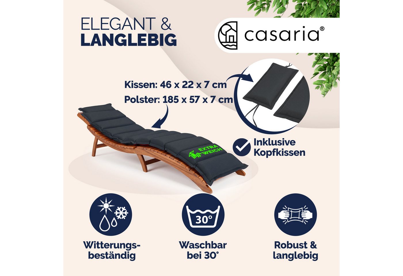 Detex Liegenauflage Wasserabweisend Inkl. Kopfkissen Auflage Liege Kissen Polster Schwungliege Gartenliege Anthrazit Bild 2