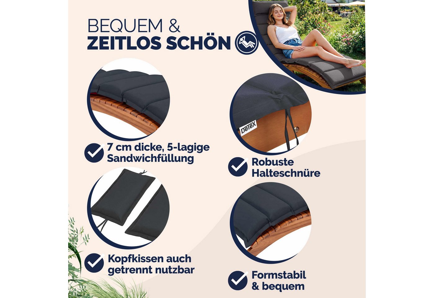 Detex Liegenauflage Wasserabweisend Inkl. Kopfkissen Auflage Liege Kissen Polster Schwungliege Gartenliege Anthrazit Bild 3