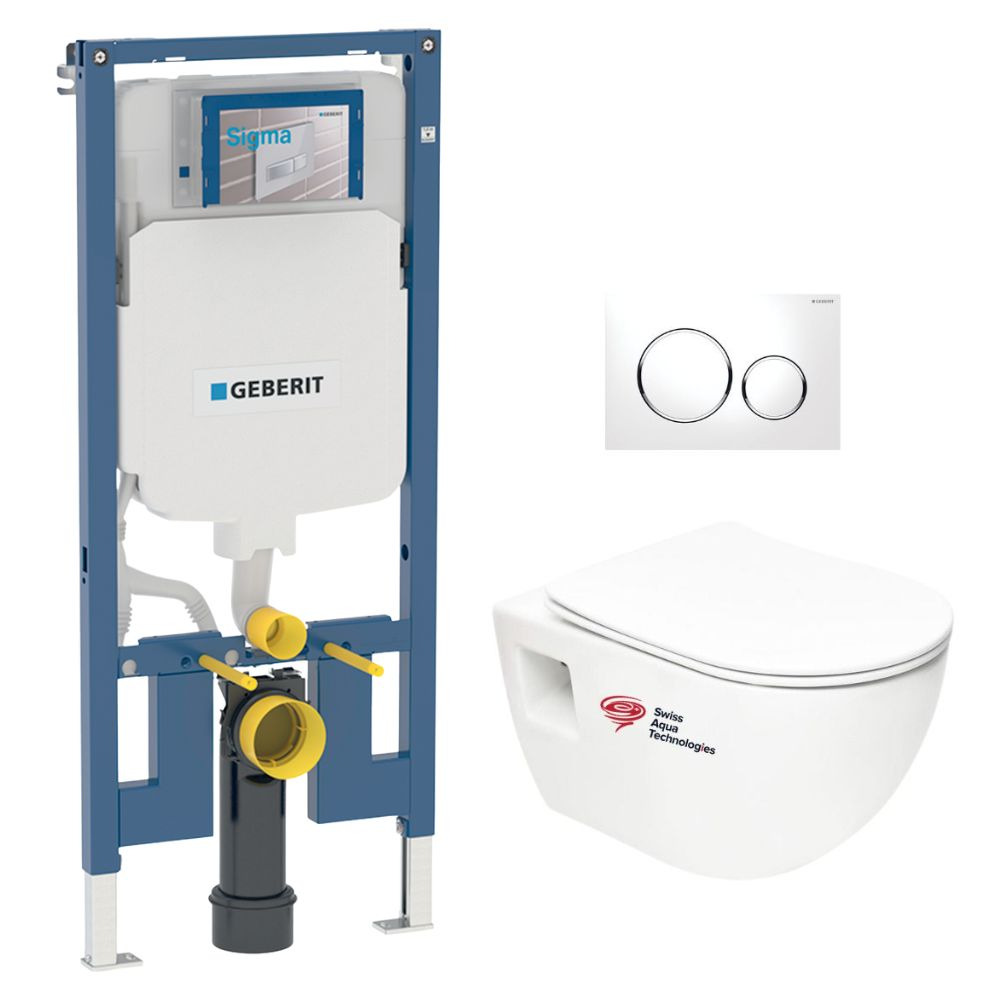 Geberit Extraflaches Rahmenpaket Up720 + Spülrandlose Sat-toilette + Softclose-sitz + Weiße Und Verchromte Platte (slim-project-