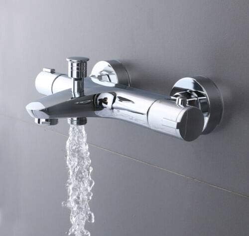 Badewannenarmatur Thermostat, Duscharmatur Edelstahl Mischbatterie Wasserhahn Bad Chrom, Duscharmatur Verbrühschutz 20-50℃, 2 Wasserauslässen Mit 38 °c Sicherheitstaste