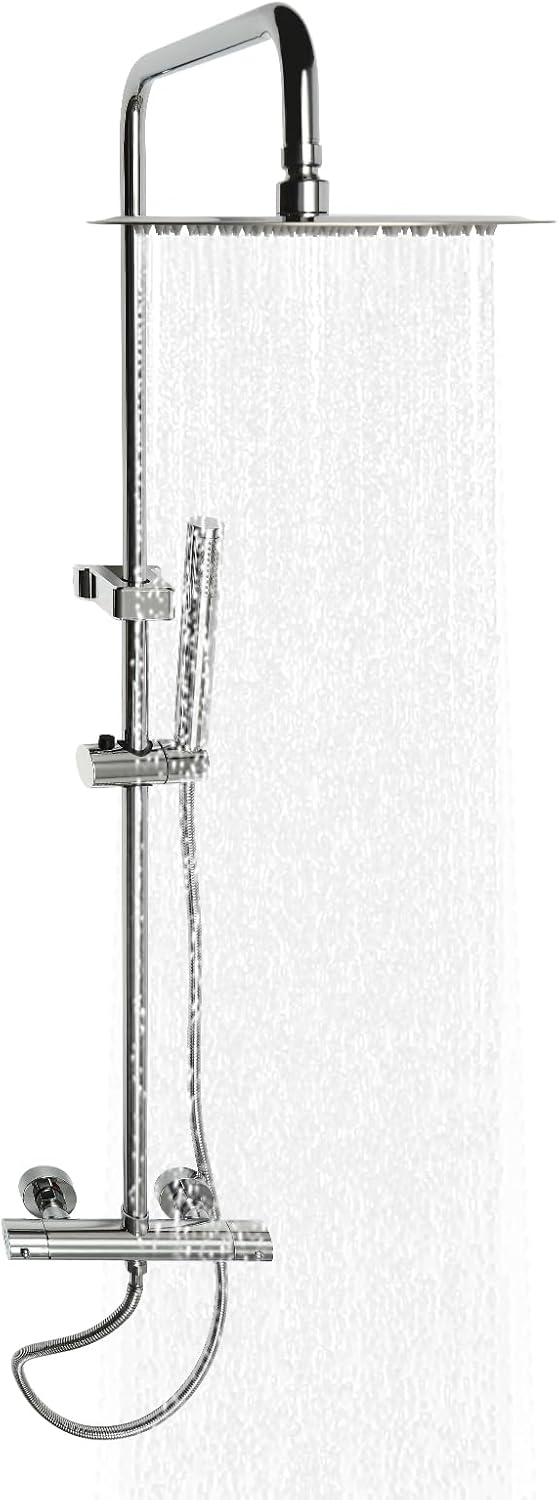 Duschsystem Mit Thermostat, Regendusche Duschset Mit 20cm Quadratische Handbrause 85-123cm Höhe Einstellbar Duscharmatur Komplettset Für Badezimmer, Fitnessstudios, Spas, Hotels, Silber