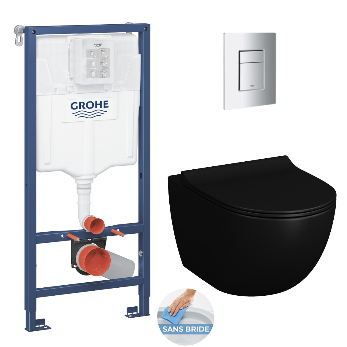 Grohe Pack Wc Stützgestell Rapid Sl + Wc Sat Infinitio 2.0, Mattschwarz + Sitz Mit Fallbremse + Schild Chrom