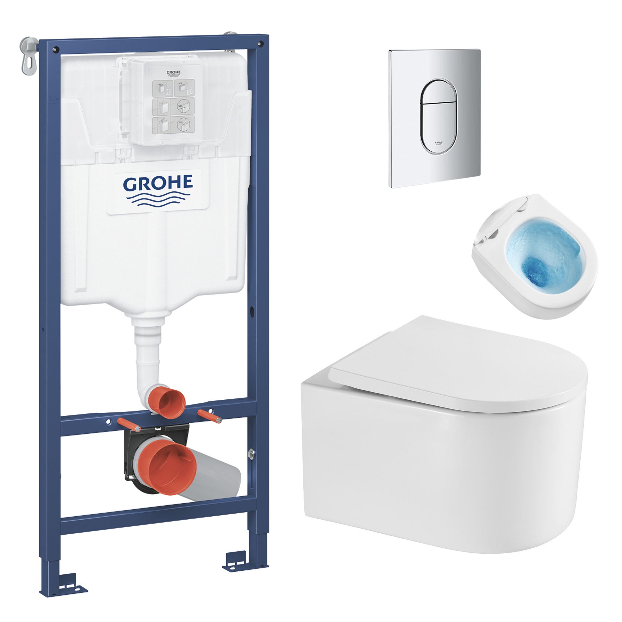 Grohe Paket Wc-trägerrahmen + Spülrandlose Toilette Tornado Quiet Sat Delano + Softclose-sitz + Chromplatte