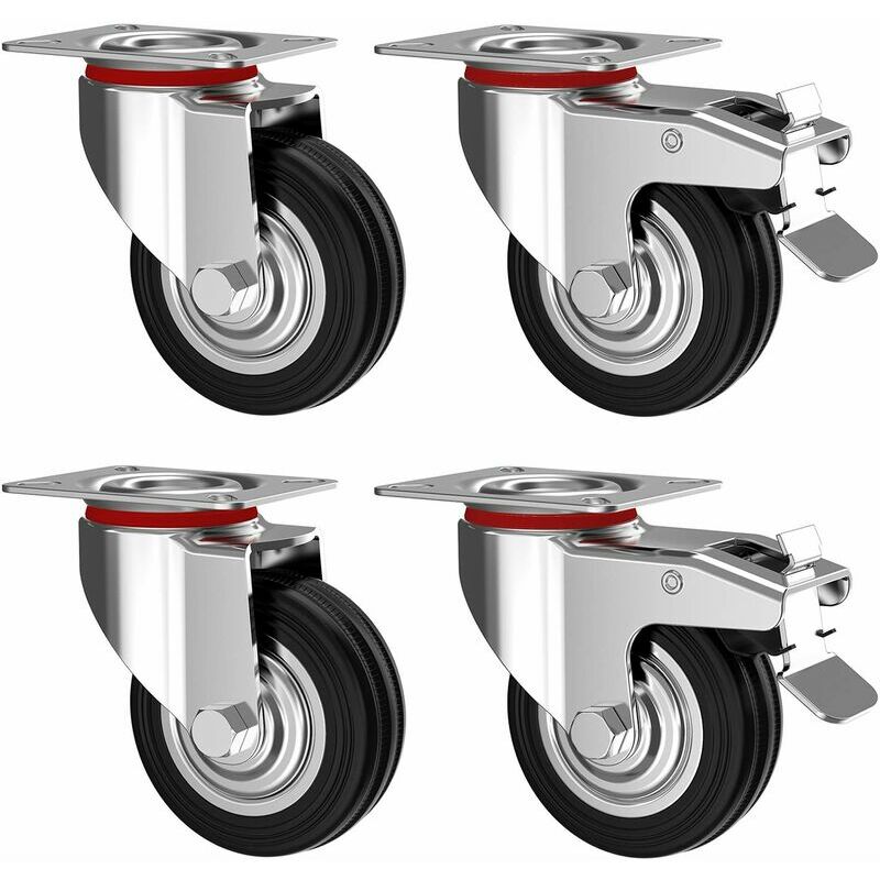 Ulisem 4er-set Lenkrollen 75 Mm Mit Bremse - Möbelrollen Bis 50 Kg Pro Rad - Schwerlast - Gummi Für Den Innen- Und Außenbereich - Industrierollen