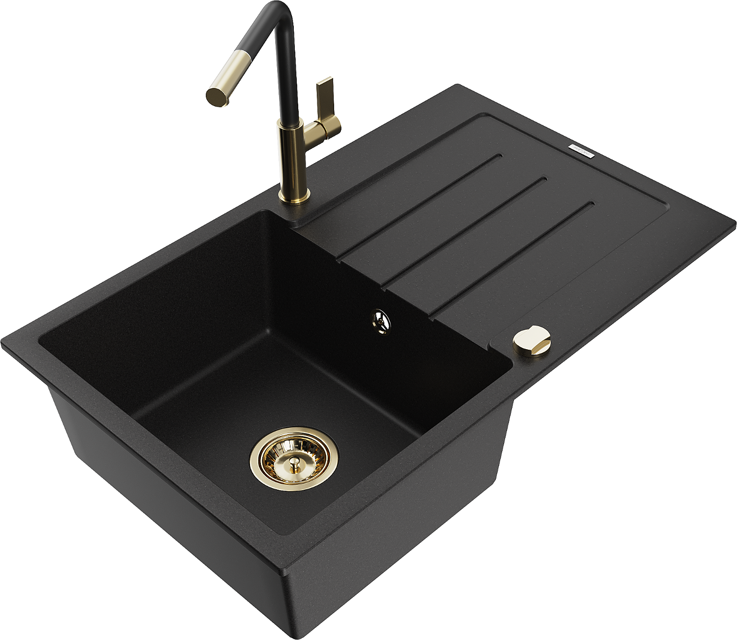 Mexen Bruno Granitspüle 1-becken Mit Abtropffläche Und Küchenarmatur Flora, Schwarz - 6513-77-670401-57-g
