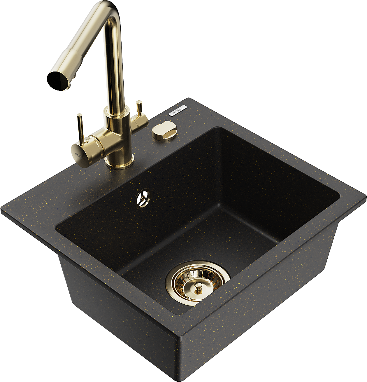 Mexen Milo Granitspüle 1-beckig Mit Küchenarmatur Duero, Schwarz/gold Metallic - 6505-75-671600-50