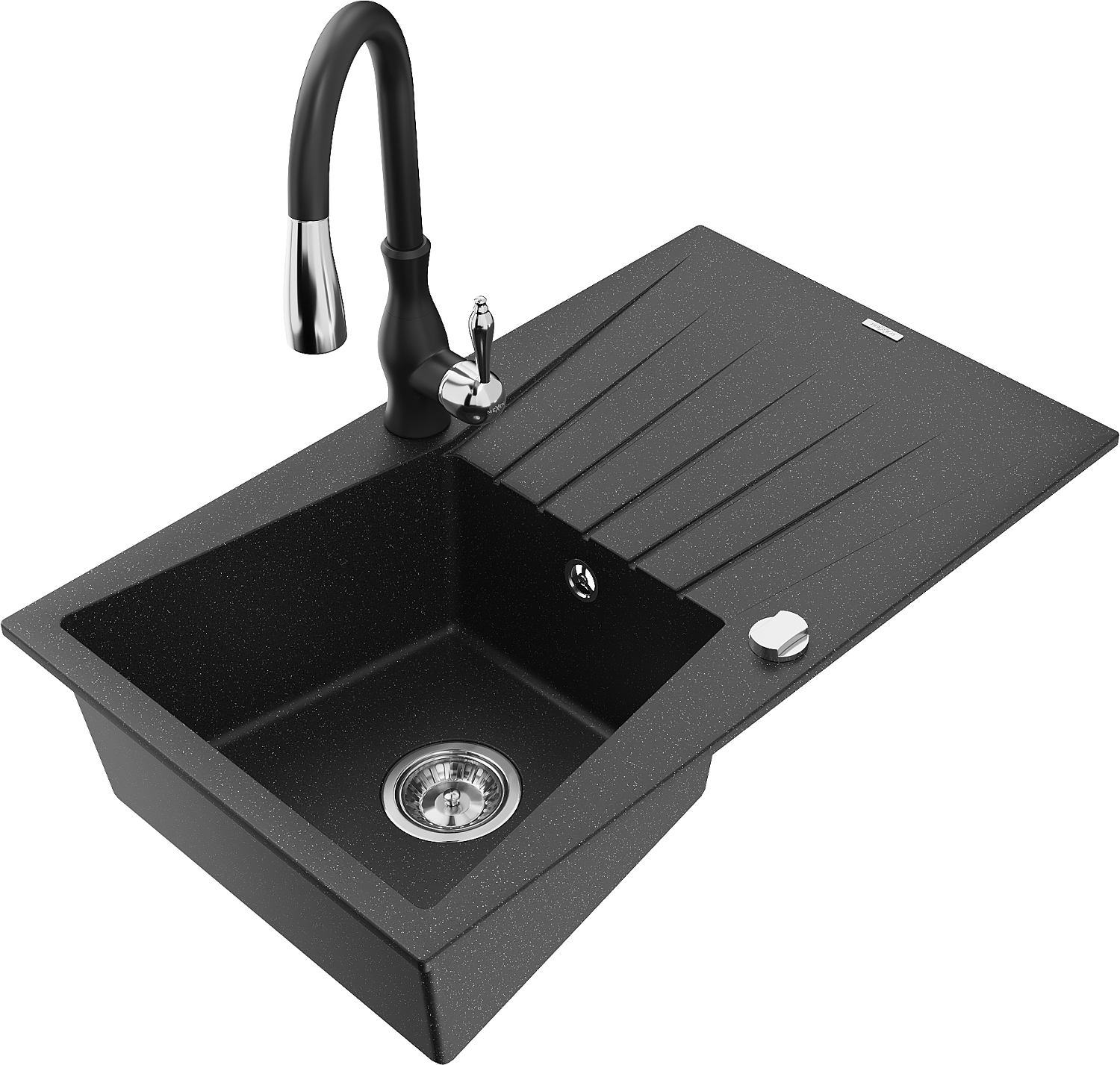 Mexen Cesar 1-komponenten Granitspüle Mit Abtropffläche Und Küchenarmatur Savita, Schwarz/silber Metallic - 6514-73-672601-70
