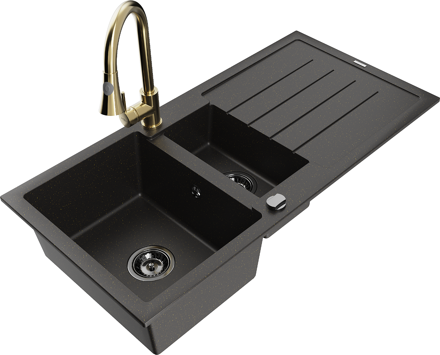 Mexen Andres Granitspüle 1,5-becken Mit Abtropffläche Und Küchenarmatur Elia, Schwarz/gold Metallic - 6515-75-670101-50-b