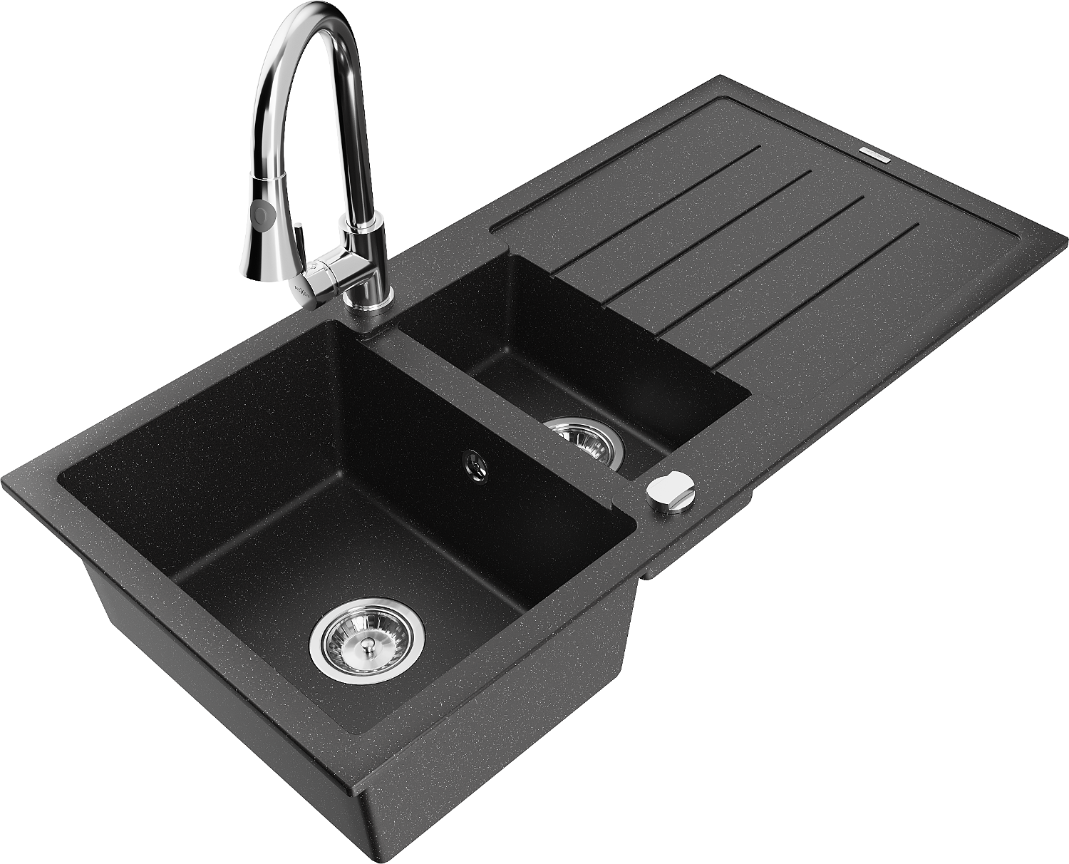 Mexen Andres Granitspüle Mit 1,5 Becken, Abtropffläche Und Küchenarmatur Elia, Schwarz/silber Metallic - 6515-73-670101-00