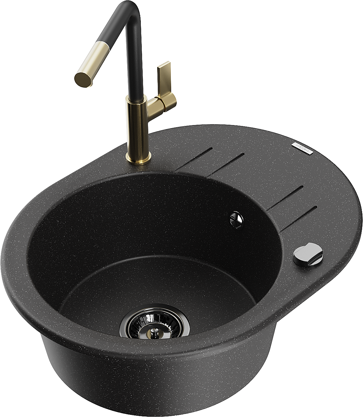 Mexen Kevin Granitspüle 1-becken Mit Abtropffläche Und Küchenarmatur Flora, Schwarz/silber Metallic - 6517-73-670401-57-b