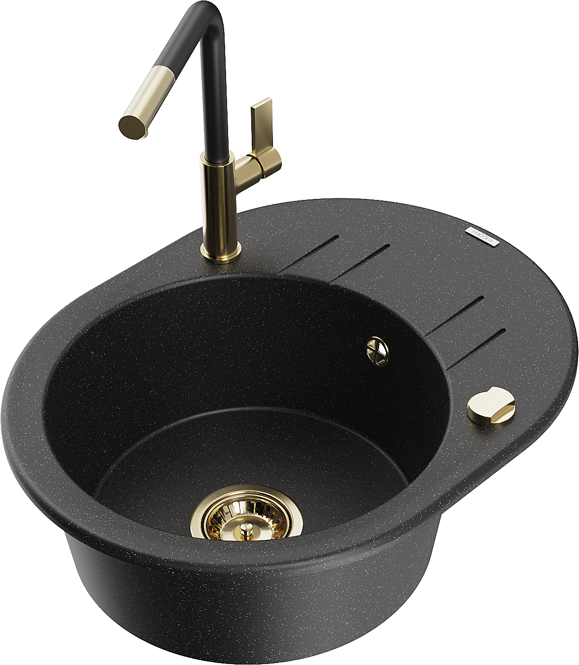 Mexen Kevin Granitspüle 1-becken Mit Abtropffläche Und Küchenarmatur Flora, Schwarz/silberner Metallic - 6517-73-670401-57-g