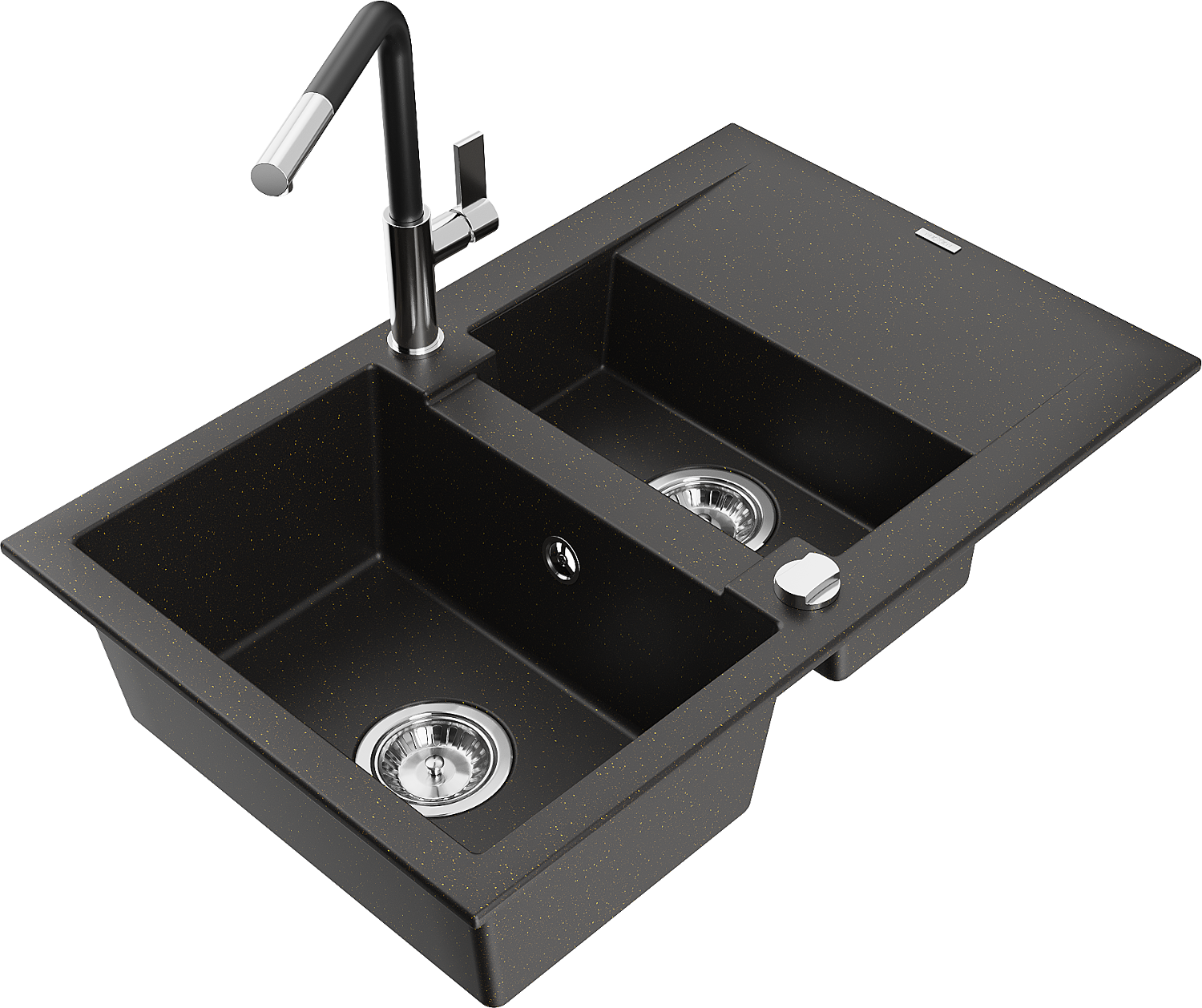 Mexen Gaspar Granitspüle 1,5-becken Mit Abtropffläche Und Küchenarmatur Flora, Schwarz/goldener Metallic - 6507-75-670401-07