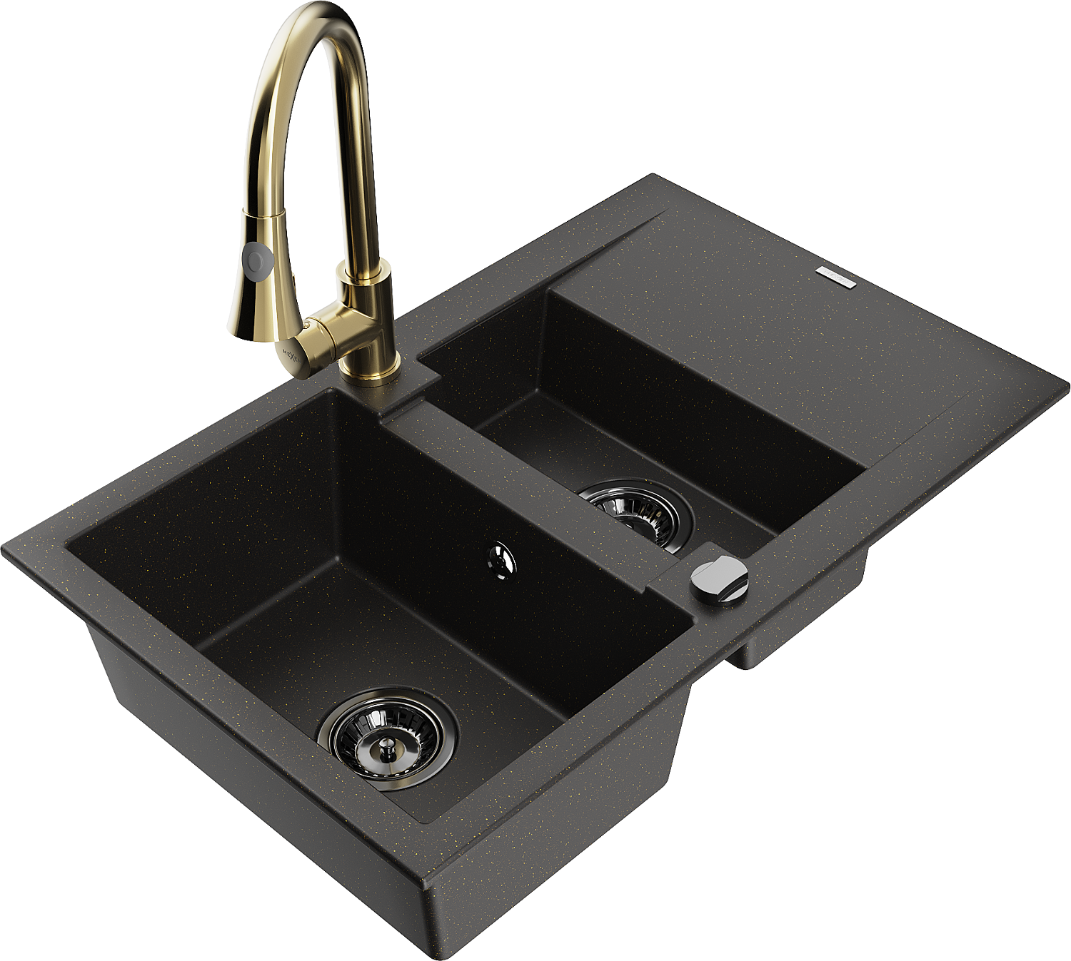 Mexen Gaspar Granite Spüle 1,5-kammer Mit Abtropffläche Und Küchenarmatur Elia, Schwarz/gold Metallic - 6507-75-670101-50-b