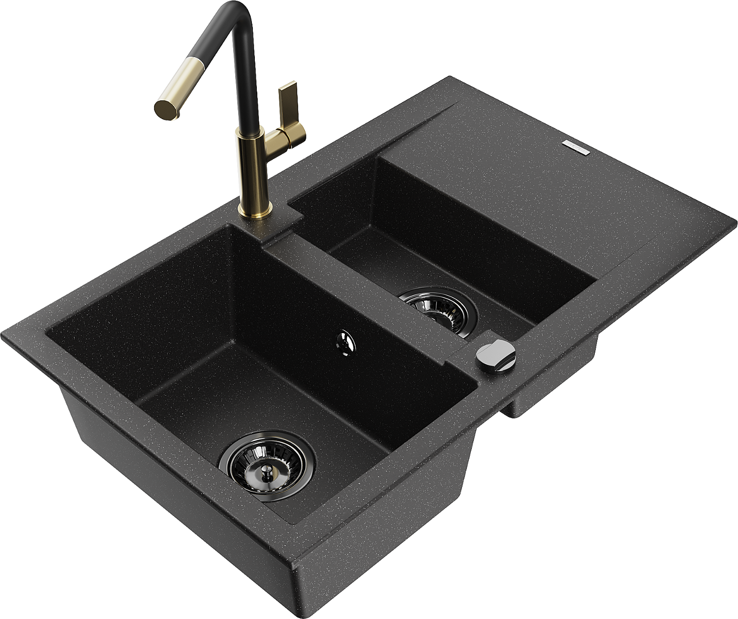 Mexen Gaspar Granitspüle 1,5-kammer Mit Abtropffläche Und Küchenarmatur Flora, Schwarz/silber - 6507-73-670401-57-b