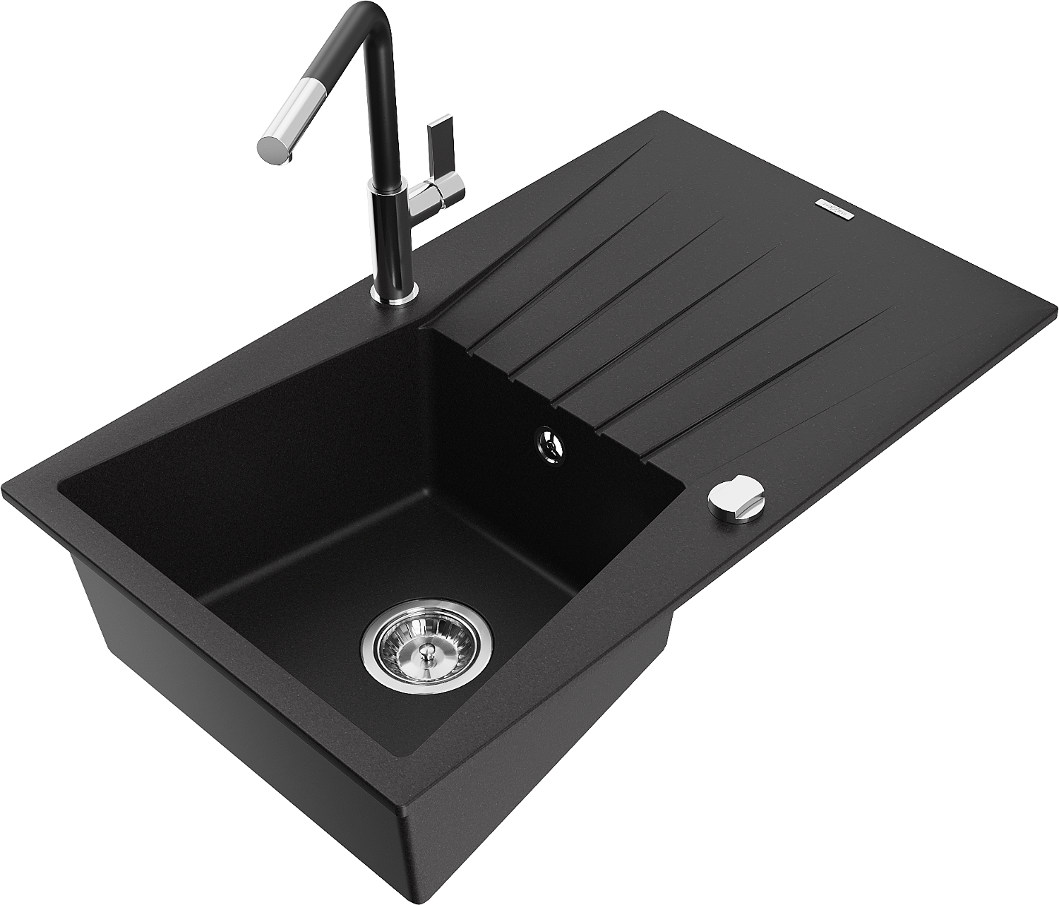 Mexen Cesar Granitspüle 1-becken Mit Abtropffläche Und Küchenarmatur Flora, Schwarz - 6514-77-670401-07