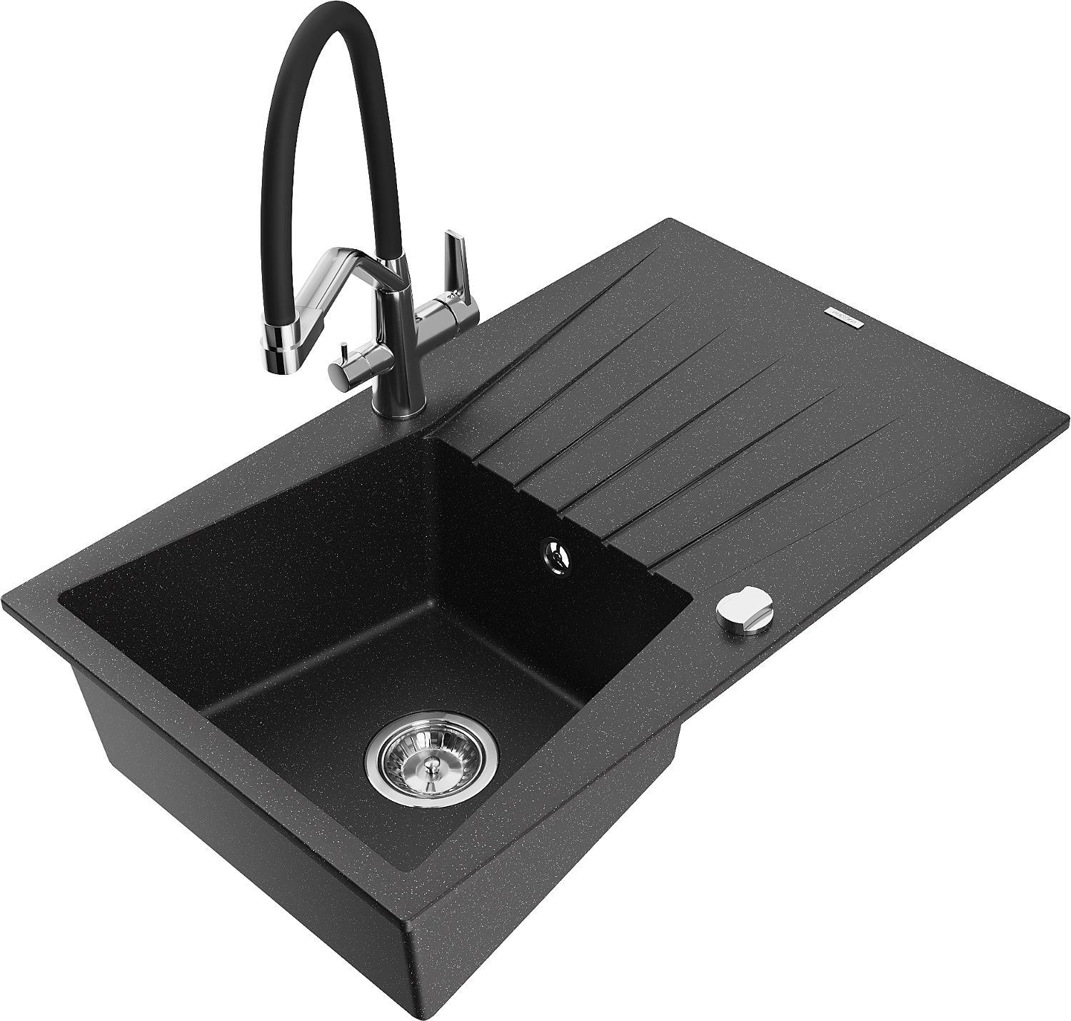 Mexen Cesar Granitspüle 1-becken Mit Abtropffläche Und Küchenarmatur Duo, Schwarz/silber-metallic - 6514-73-671701-07