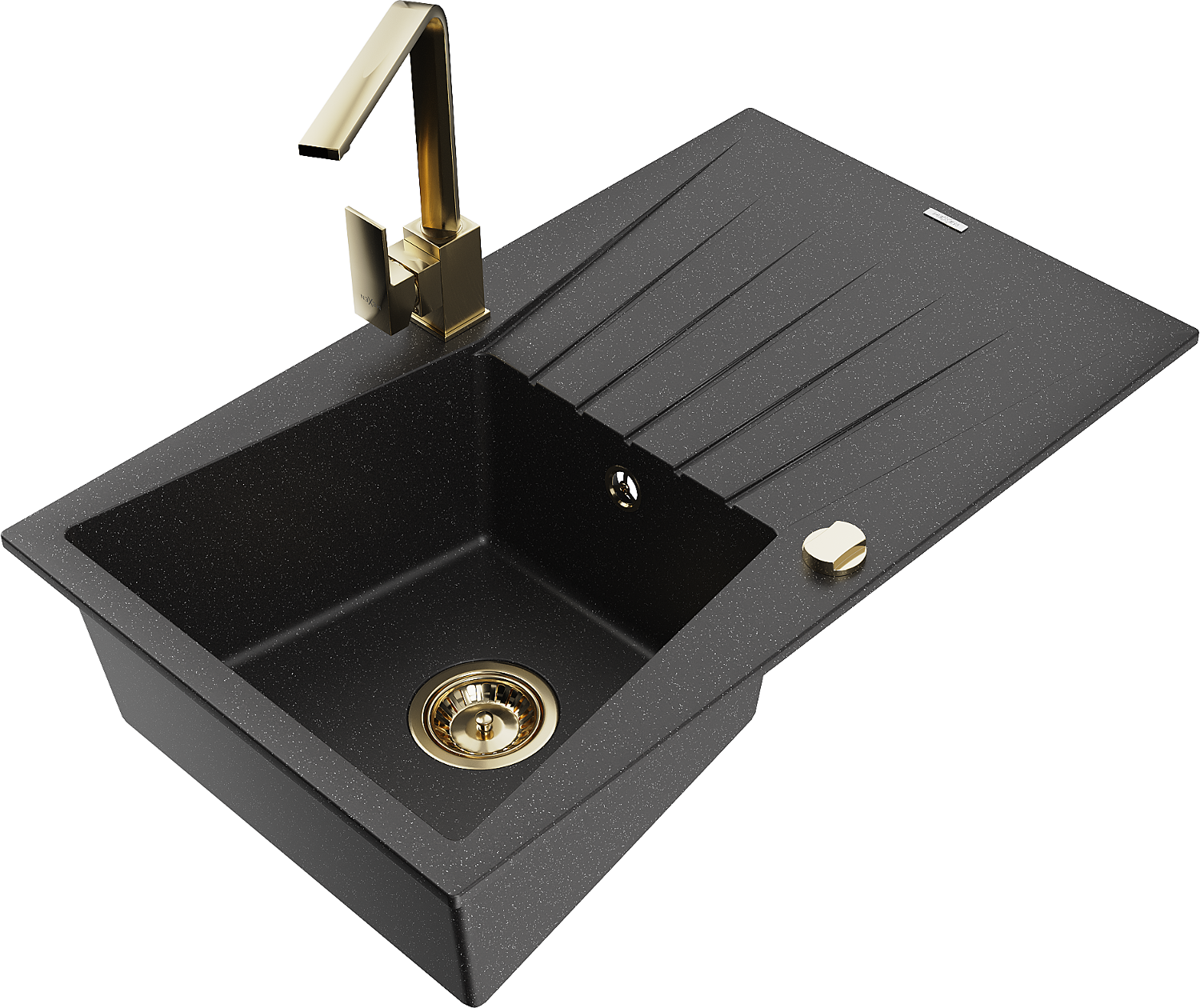 Mexen Cesar Granitspüle 1-becken Mit Abtropffläche Und Küchenarmatur Rita, Schwarz/silber Metallic - 6514-73-670300-50