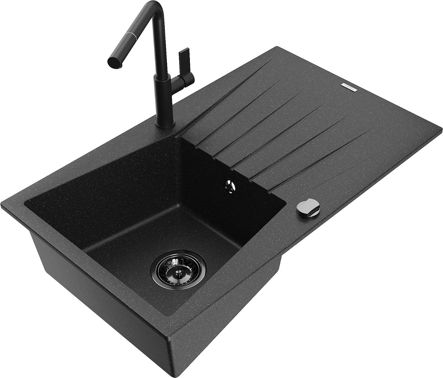 Mexen Cesar Granitspüle 1-beckig Mit Abtropffläche Und Küchenarmatur Flora, Schwarz/silber Metallic - 6514-73-670401-70-b
