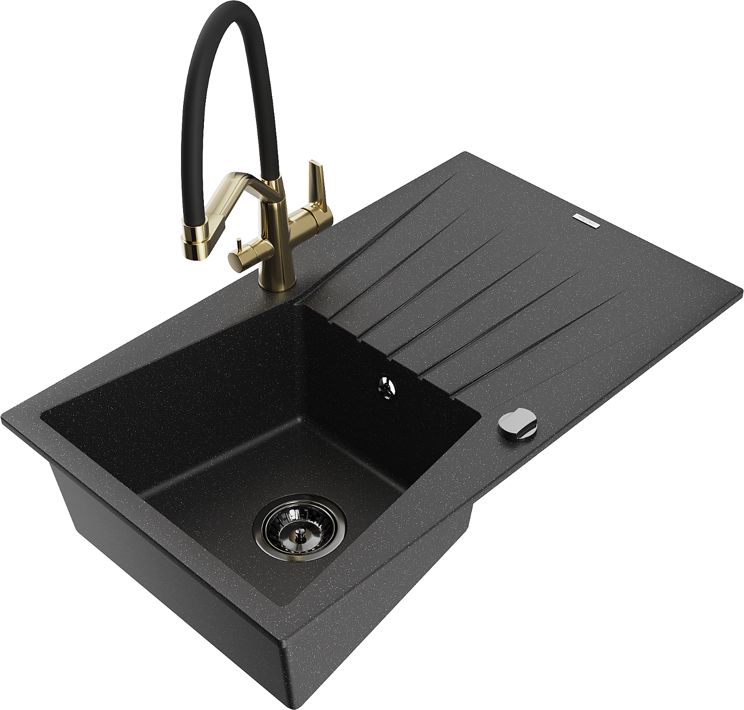 Mexen Cesar Granitspüle 1-beckig Mit Abtropffläche Und Küchenarmatur Duo, Schwarz/silber Metallic - 6514-73-671701-57-b