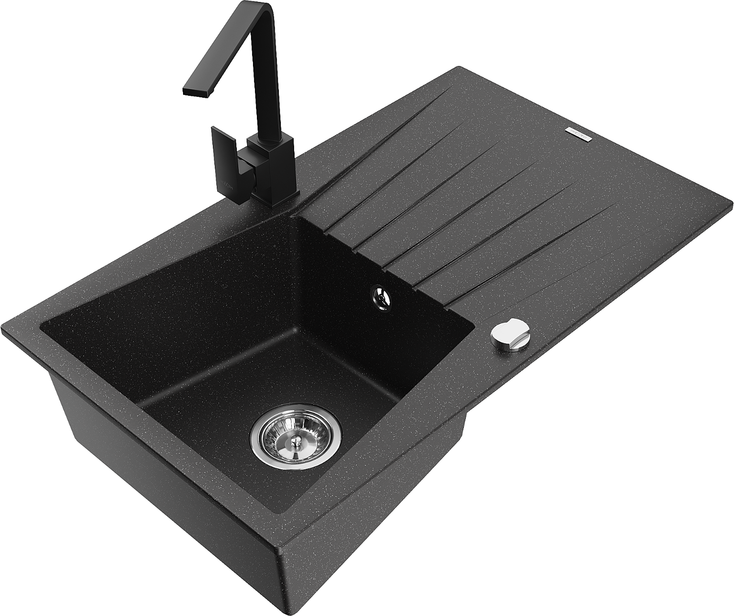 Mexen Cesar Granitspüle, 1-becken, Mit Abtropffläche Und Küchenarmatur Rita, Schwarz/silber Metallic - 6514-73-670300-70