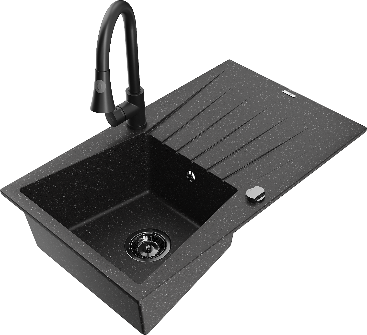Mexen Cesar Granitspüle 1-becken Mit Abtropffläche Und Küchenarmatur Elia, Schwarz/silber-metallic - 6514-73-670101-70-b