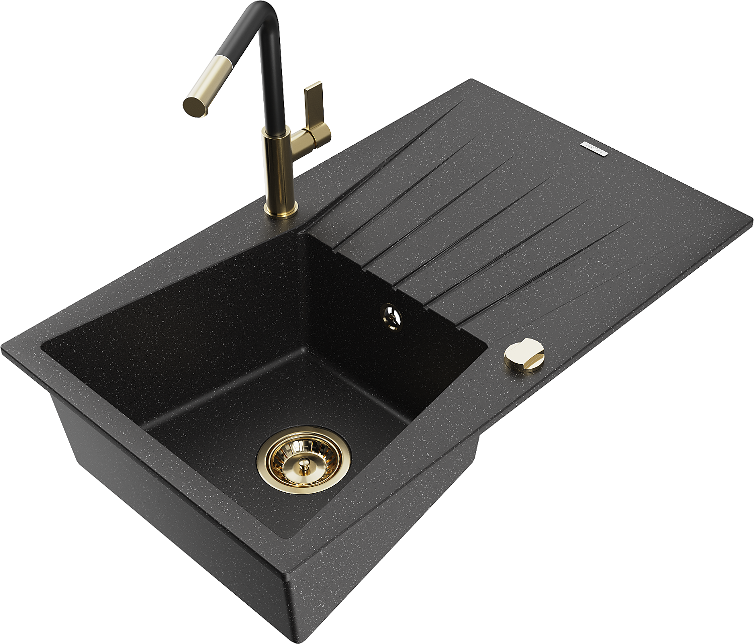 Mexen Cesar Granitspüle Einteilig Mit Abtropffläche Und Küchenarmatur Flora, Schwarz/silber Metallic - 6514-73-670401-57-g