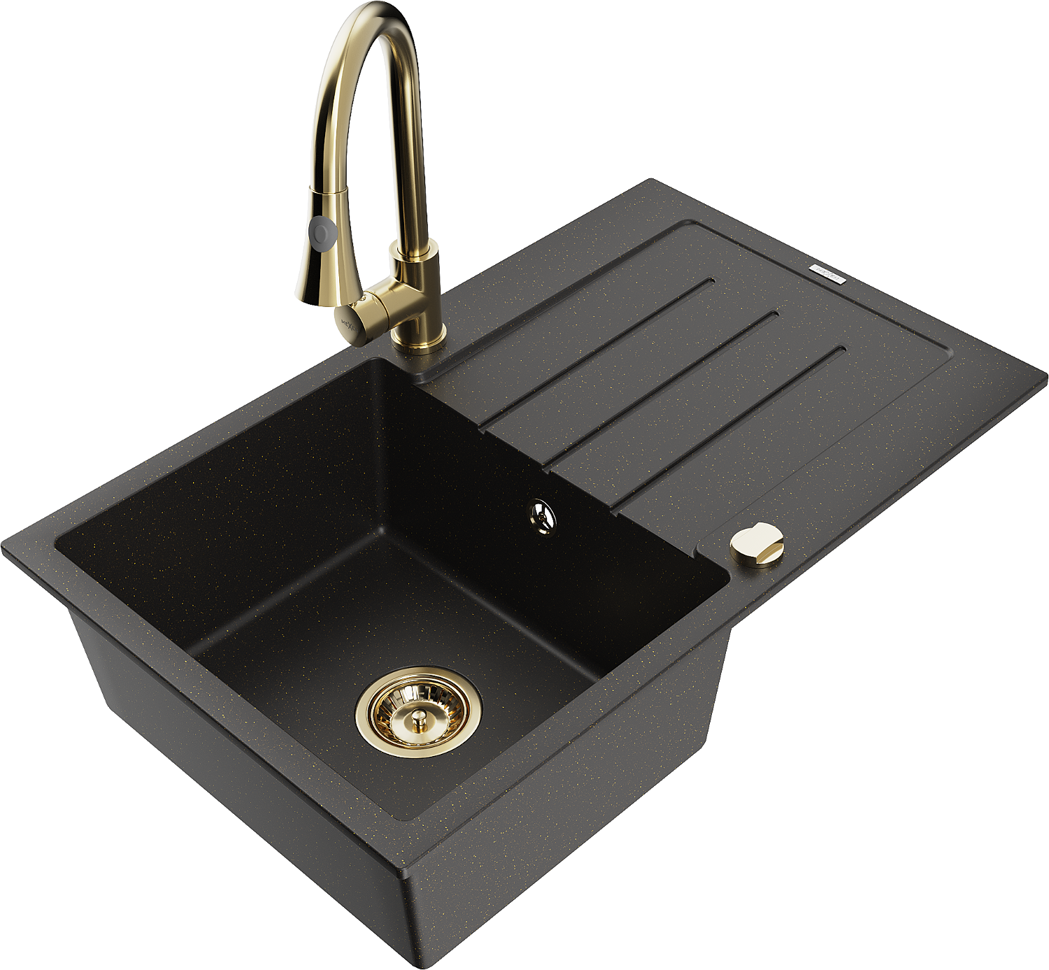 Mexen Bruno Granitspüle 1-beckig Mit Abtropffläche Und Küchenarmatur Elia, Schwarz/gold Metallic - 6513-75-670101-50