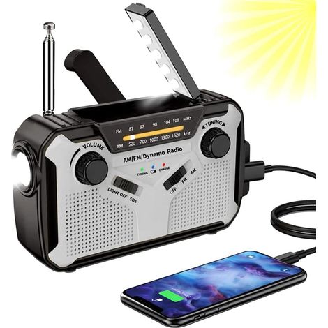 Solarradio, Tragbares Am/fm-radio Mit Handkurbel, Notstromaggregat Mit 4000-mah-akku, Led-taschenlampe, Sos-alarm Für Camping, Outdoor-/notfalleinsatz (grau)