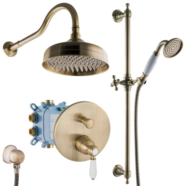 PaulGurkes Unterputz Nostalgie Retro Antik Regendusche Set Messing Bronze