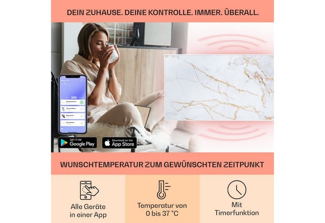 Klarstein Wonderwall Air Art Smart Infrarotheizung 120x60 cm 700 W Wandinstallation App-Steuerung Motiv Marmor Weiß